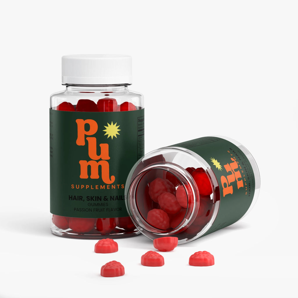 Plum Supplements Hair, Skin and Nails gummies bottle open with gummies spilling out