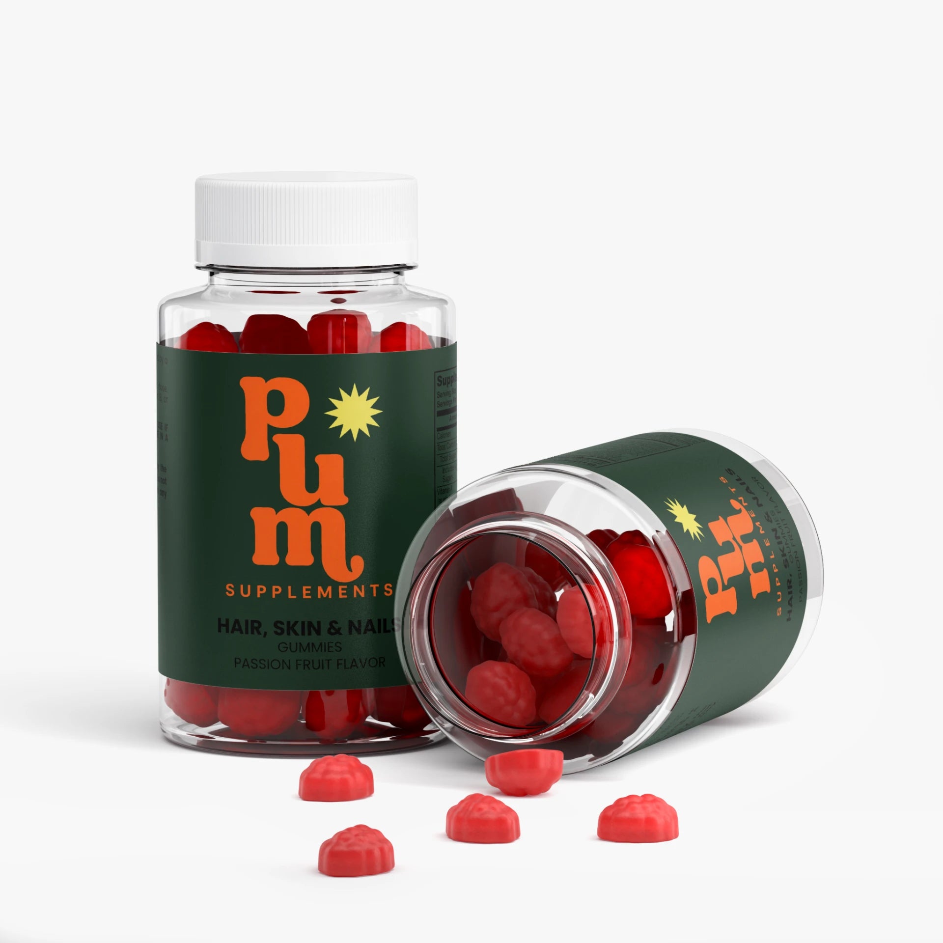 Plum Supplements Hair, Skin and Nails gummies bottle open with gummies spilling out
