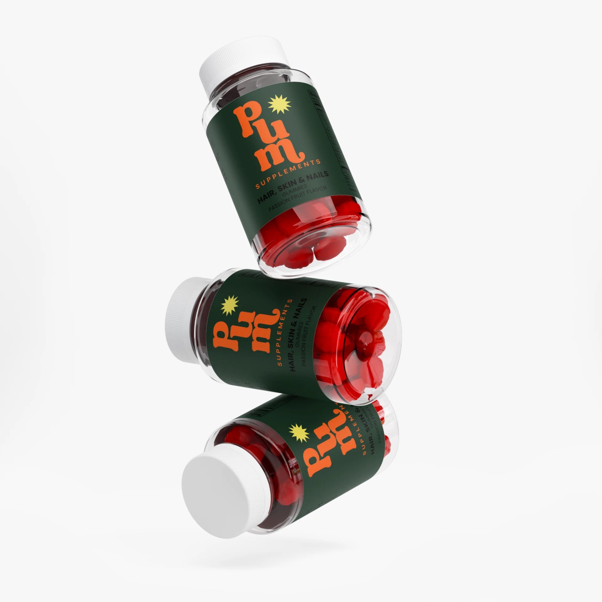 Three Plum Supplements Hair, Skin and Nails gummies bottles floating