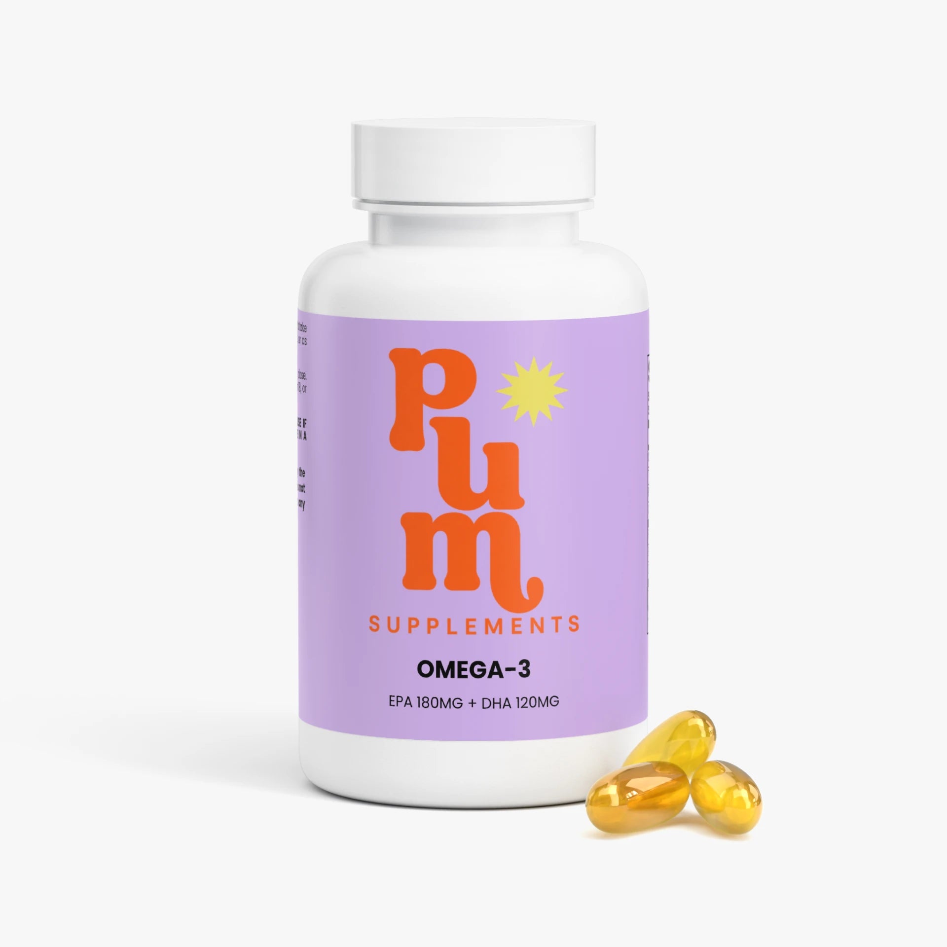 Plum Supplements Omega-3 bottle with softgels beside it