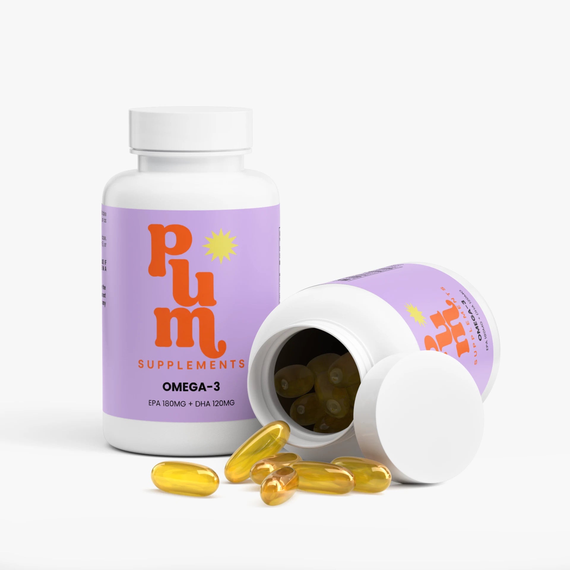 Plum Supplements Omega-3 bottle open with softgels spilling out