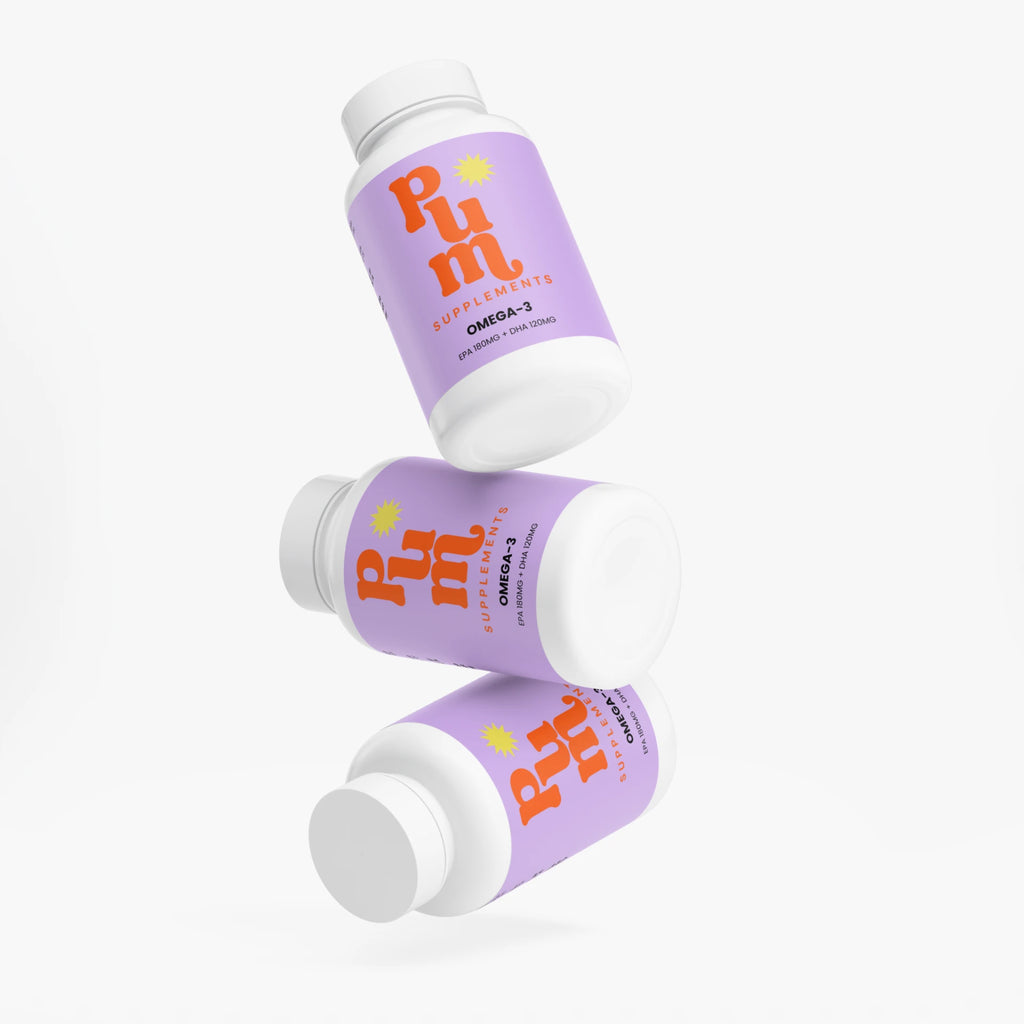 Three Plum Supplements Omega-3 bottles floating