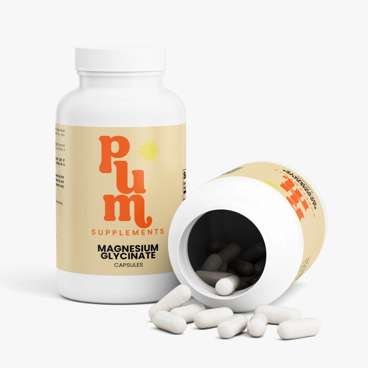 Plum Supplements Magnesium Glycinate bottle open with capsules spilling out