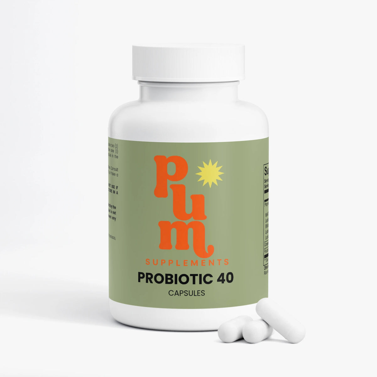 Plum Supplements Probiotic 40 bottle with capsules beside it