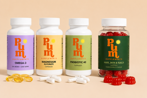 Foundation Stack: Plum Omega-3, Magnesium Glycinate, Probiotic 40 and Hair, Skin & Nails Gummies