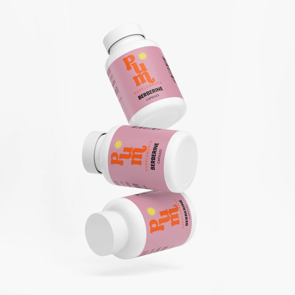 Three Plum Supplements Berberine bottles floating