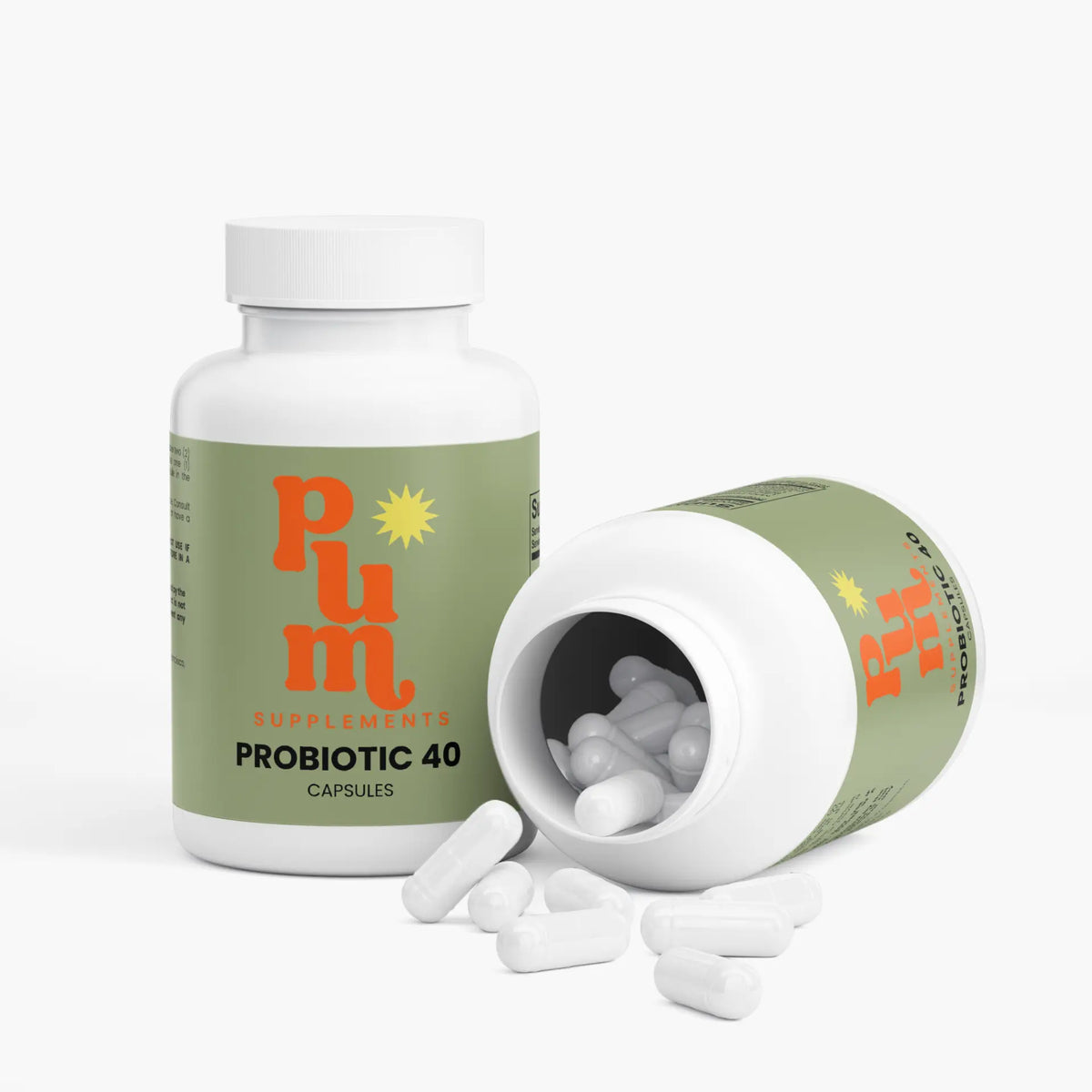 Plum Supplements Probiotic 40 bottle open with capsules spilling out